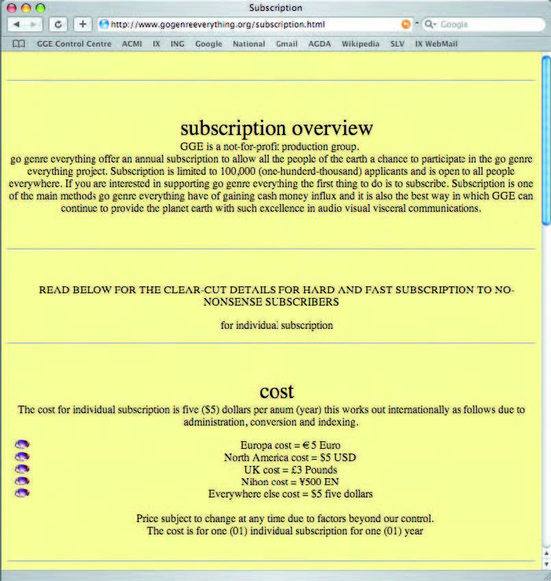 Fig. 5: ‘Subscription Page’ from the Go Genre Everything website. Go Genre Everything, 2003–2006